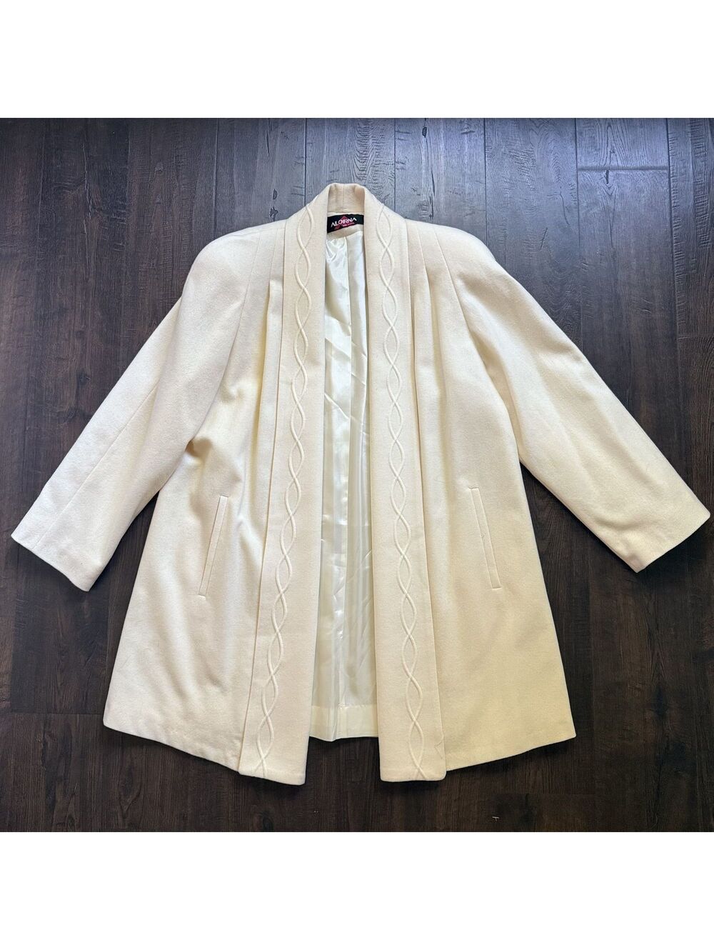 Vintage 80s Alornia Cream Longline Jacket Shoulder Pads Braided Trim USA Made